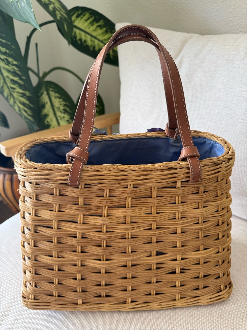 RARE Kate Spade New York Floral Wicker Woven Basket Bag Nuetral Tote Handbag - Picture 4 of 17